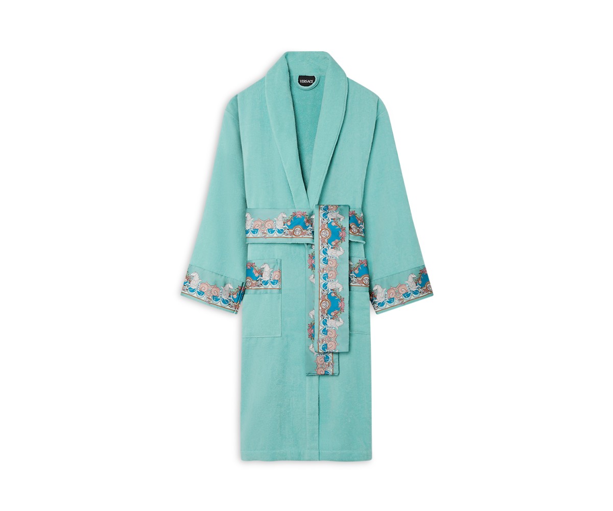 Versace Coral Theatre Terry Bath Robe in Sea Green+Dark Sea Green
