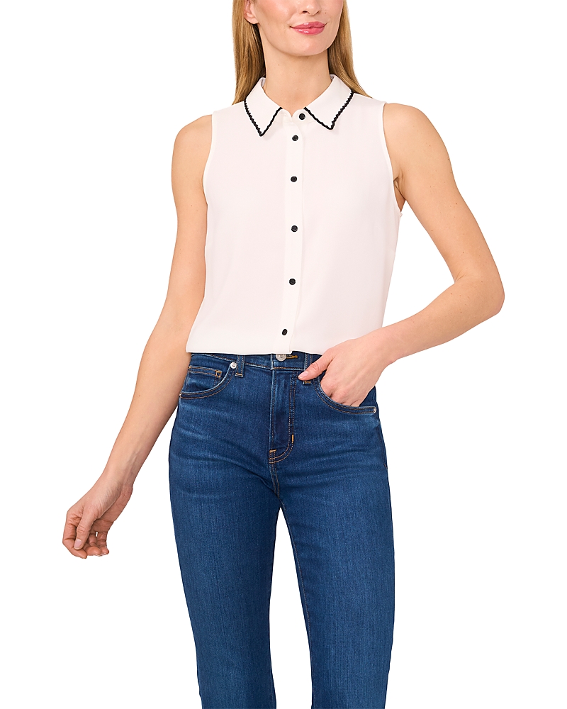 Cece Scallop Trim Sleeveless Button-up Shirt In White