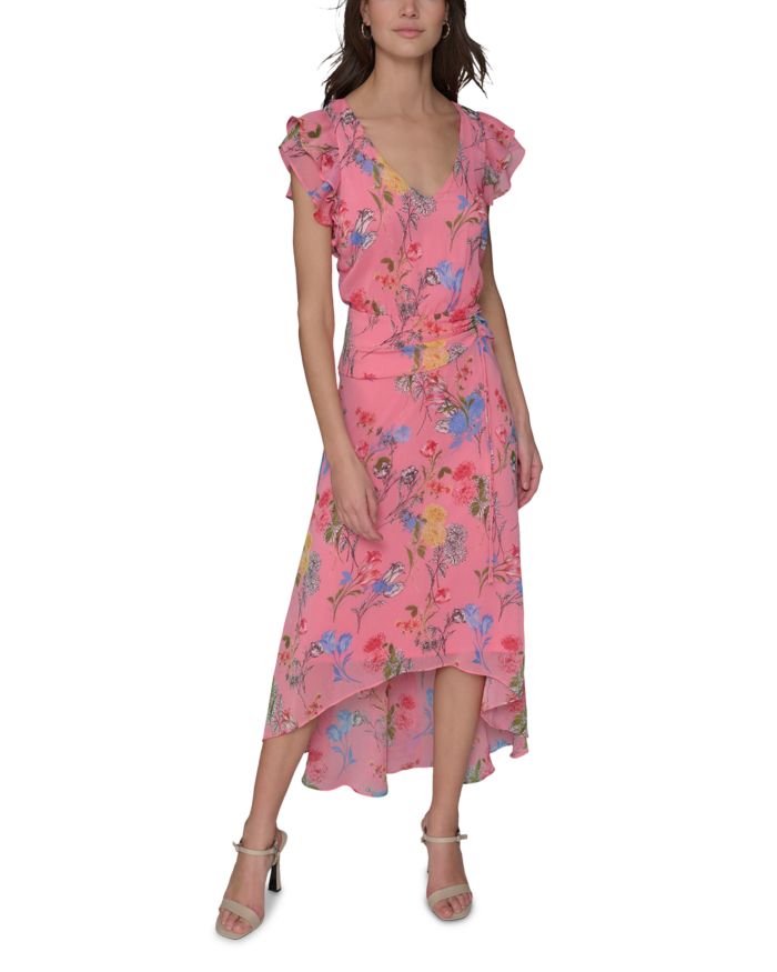 Floral High Low Flutter Sleeve Dress