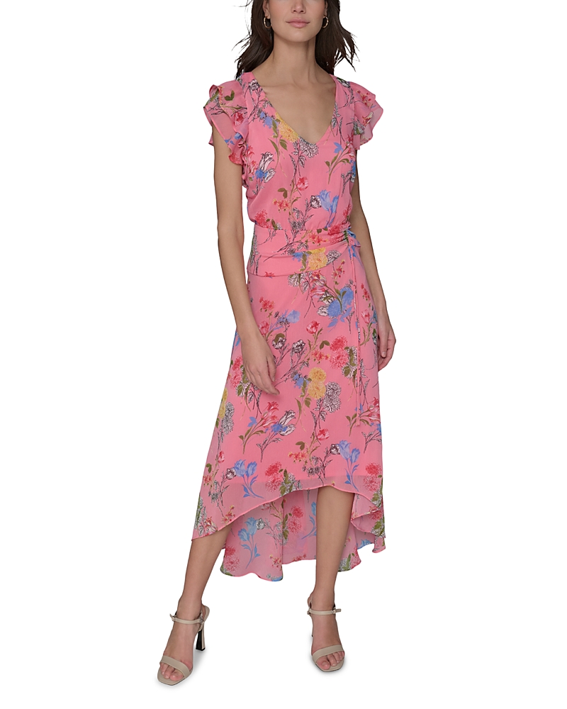 Karl Lagerfeld Floral High Low Flutter Sleeve Dress In Pink