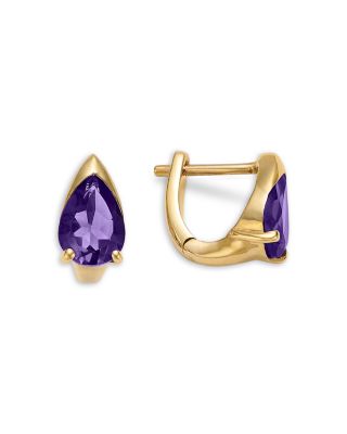 Amethyst Pear Huggie Hoop Earrings in 14K Yellow Gold