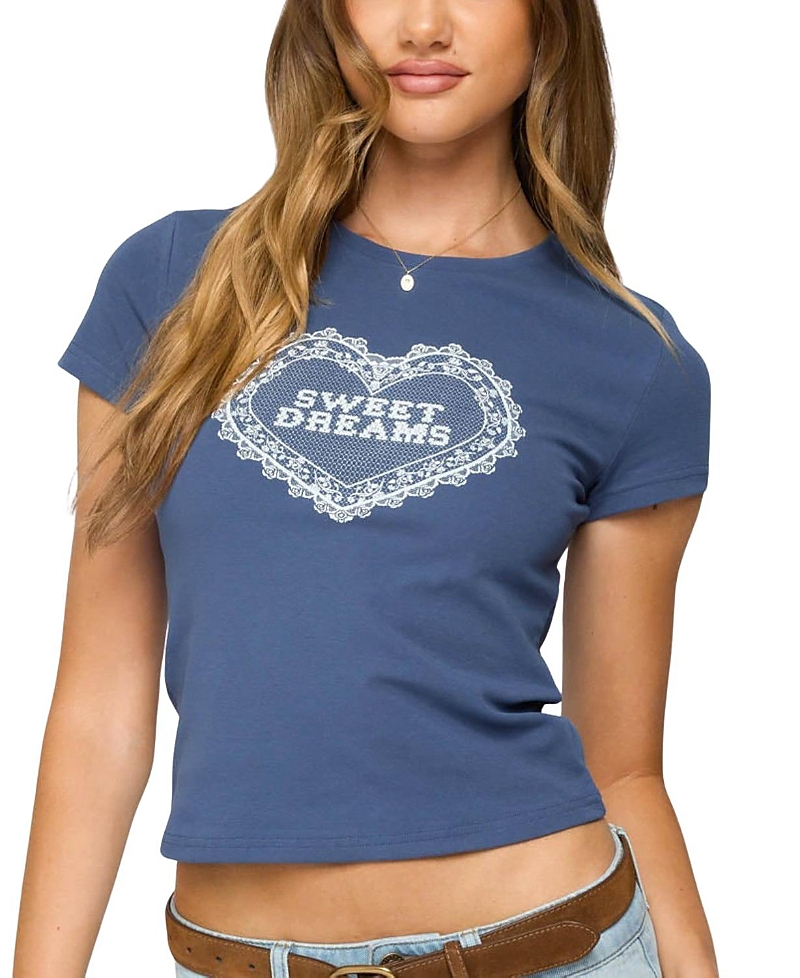 Edikted Sweet Dreams Crop Stretch Cotton Graphic T-shirt In Blue
