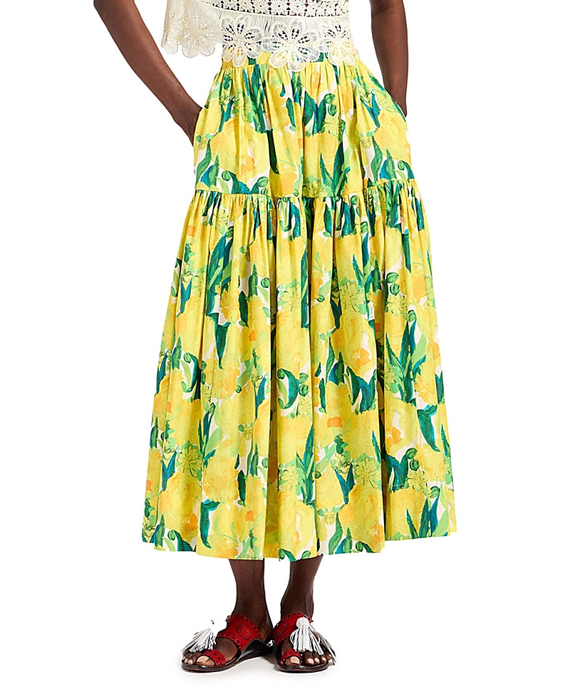 La Doublej Oscar Printed Cotton Poplin Midi Skirt In Yellow