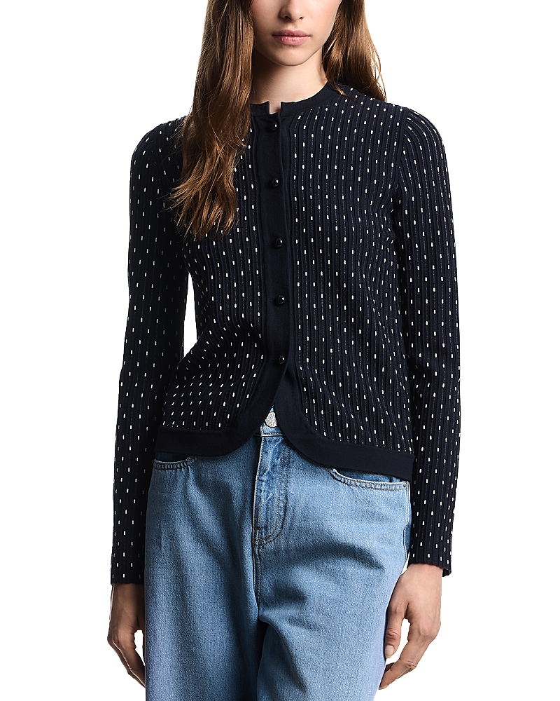 Emporio Armani Striped And Polka Dot Jacquard Motif Cardigan Sweater In Blue