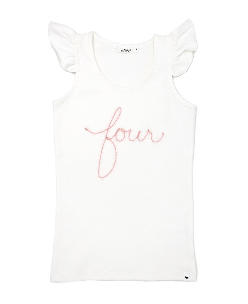 Oh Baby ! Girls' Flutter Sleeve Four Pink Sparkle Embroidered Tank - Little Kid In White