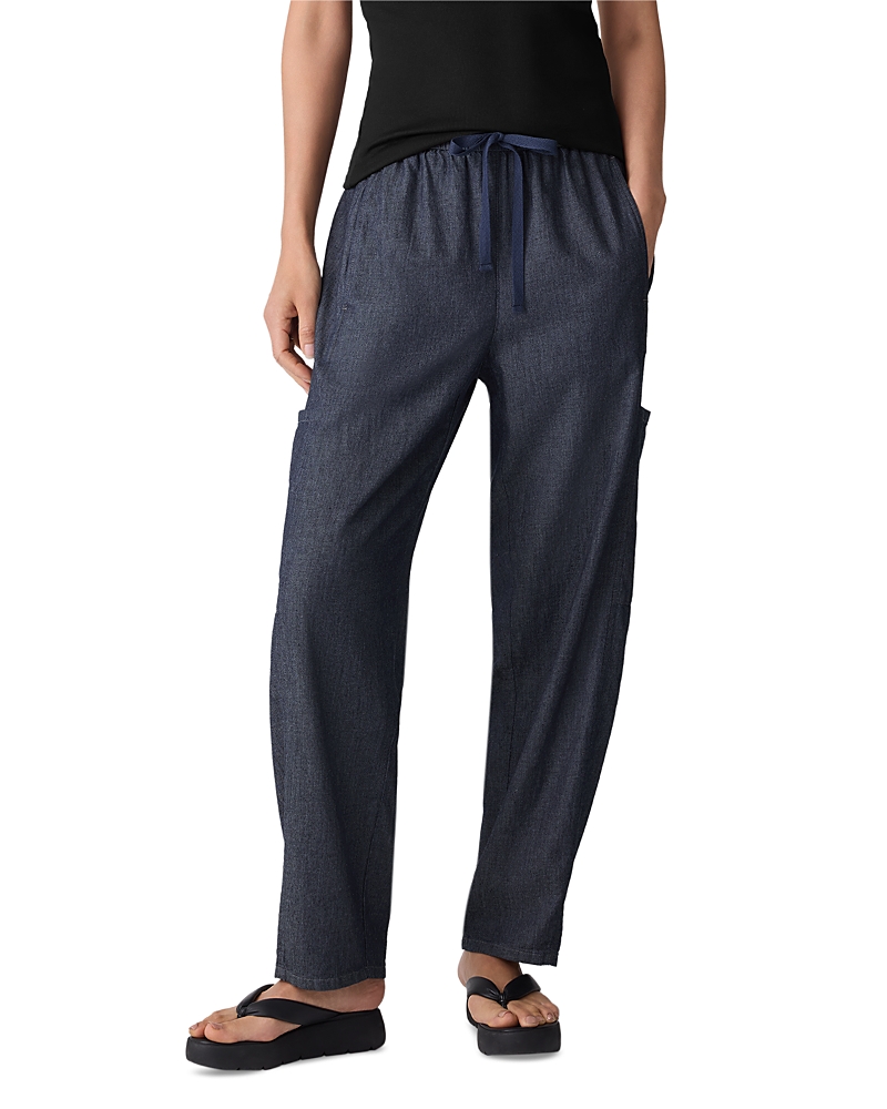 Eileen Fisher Cargo Silk Straight Leg Drawstring Pants In Blue