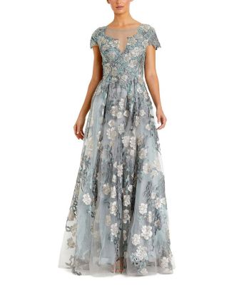 Embroidered Mesh Dress with Illusion Neck and Short Sleeves