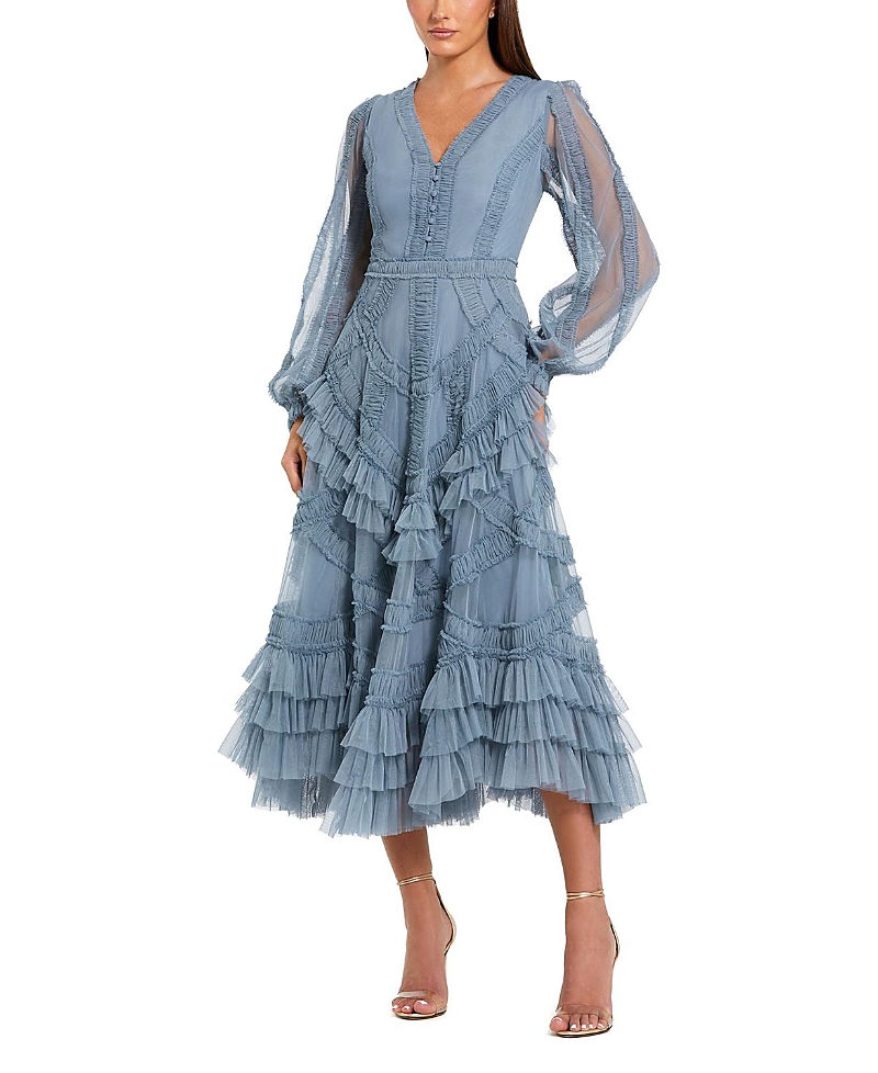 Mac Duggal Long Sleeve V Neck Mesh Micro Ruffle Midi Dress