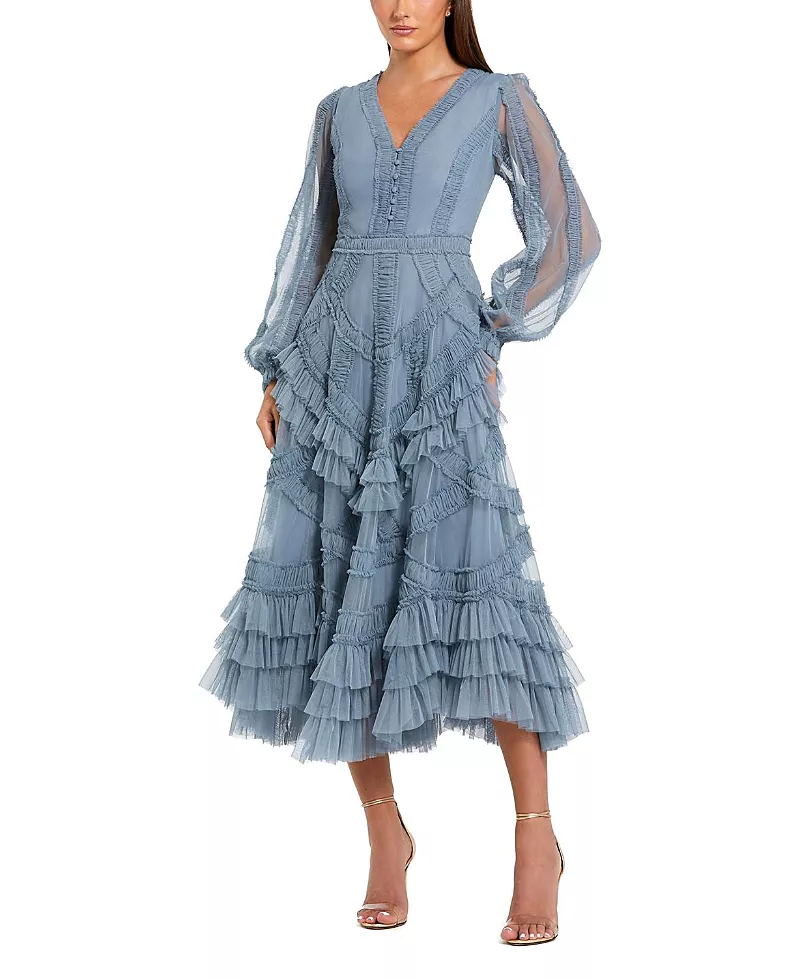 Mac Duggal Long Sleeve V Neck Mesh Micro Ruffle Midi Dress