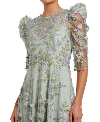 Applique High Neck Puff Sleeve A Line Dress