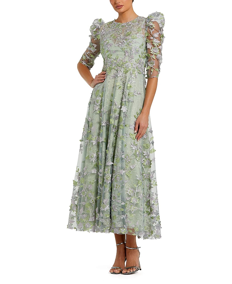 Mac Duggal Applique High Neck Puff Sleeve A Line Dress