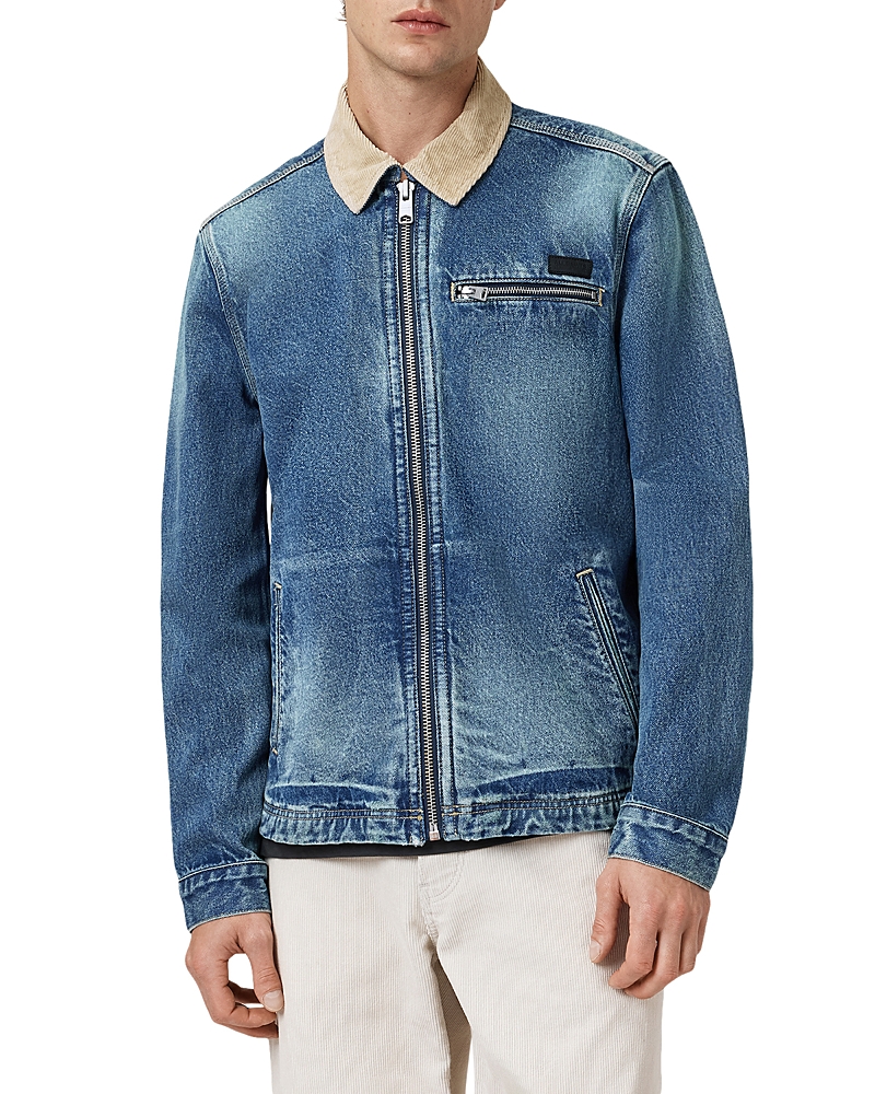 Allsaints Rothwell Zip Denim Jacket With Corduroy Collar In Blue