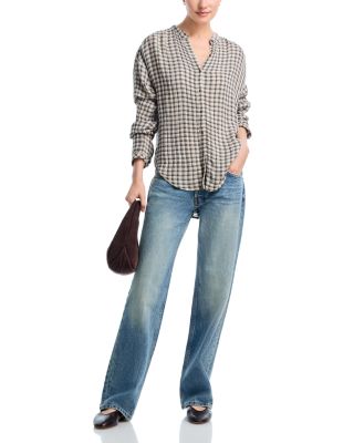 Plaid Shirred Mandarin Collar Shirt