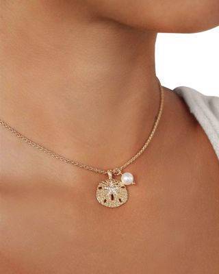 Pav&eacute; Sand Dollar & Cultured Freshwater Pearl Pendant Necklace, 15"-18" 