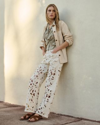 Logan Floral Cutout High Rise Wide Leg Jeans in Ecru