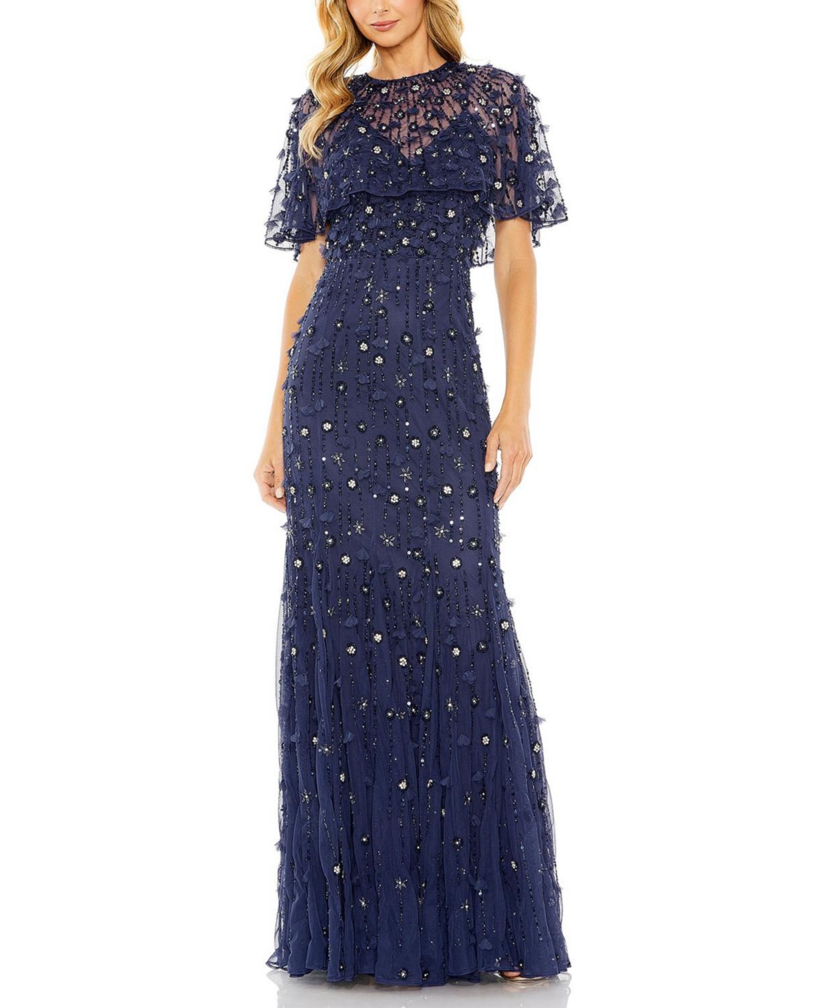 Embellished Illusion Cape Sleeve Trumpet Gown
