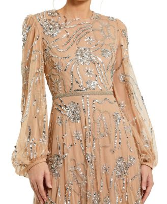  Embellished High Neck Puff Sleeve Gown