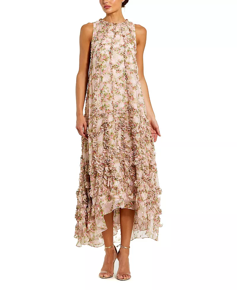 Mac Duggal Sleeveless Floral Print Chiffon Micro Ruffle Gown