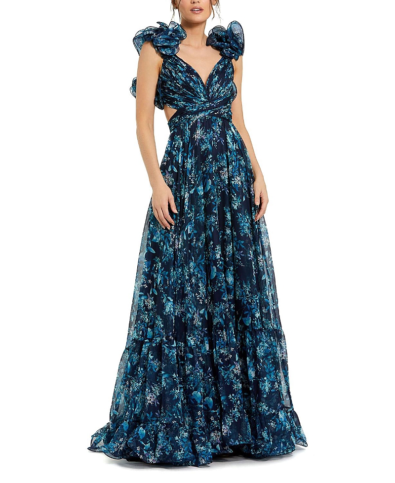 Mac Duggal Women's Ruffle Tiered Floral Cut-Out Chiffon Gown