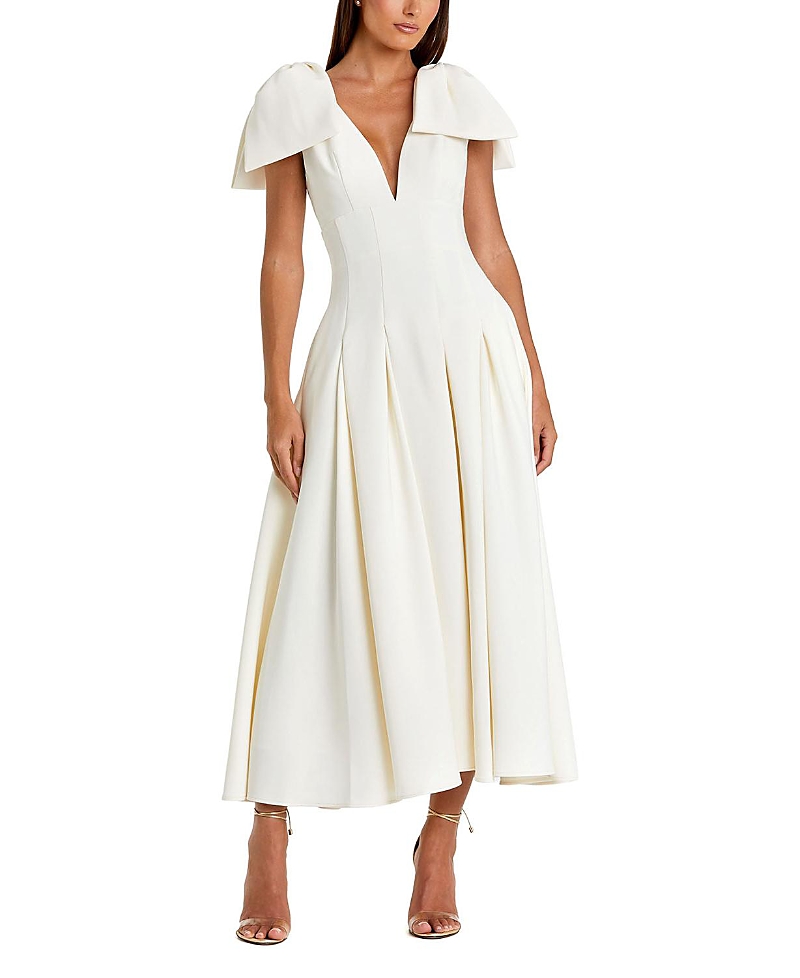 Mac Duggal Crepe A Line With Bow Straps Midi Dress