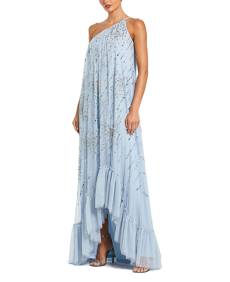 Mac Duggal Bow Embellished Mesh One Shoulder High Low Gown