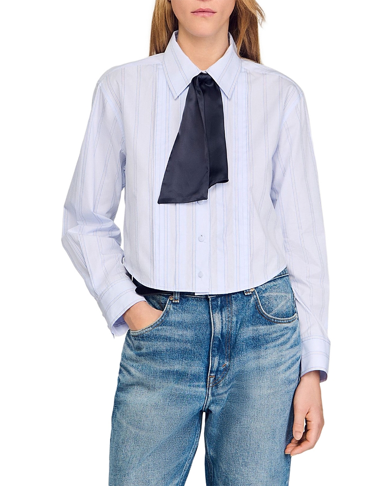 Sandro Cropped Shirt With Removable Tie In Blue
