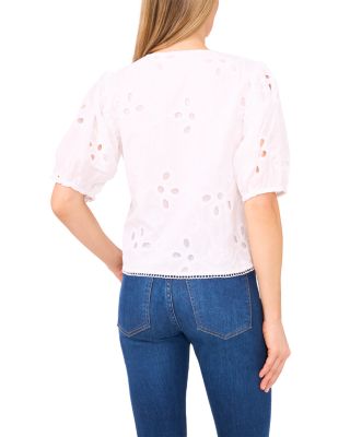Embroidered Short Sleeve Tie Front Top