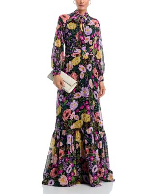 Floral Print Tie Neck Chiffon Gown
