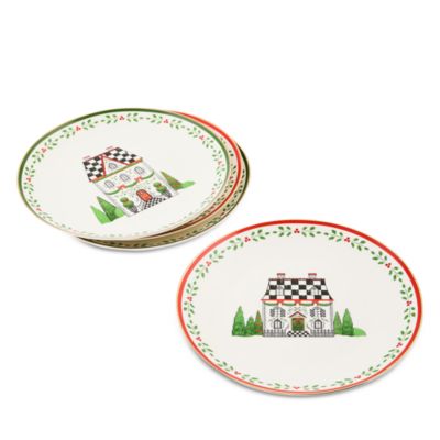 Holly Village Ceramic Dessert Plates, Set of 4