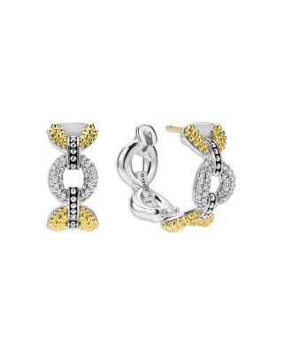 18K Yellow Gold & Sterling Silver Caviar Lux Diamond Link Hoop Earrings
