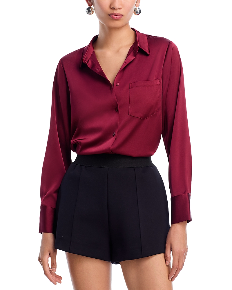 Aqua Satin Button Front Blouse - Exclusive In Burgundy