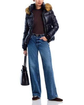 Gloss Puffer Jacket with Faux Fur Trimmed Hood - Exclusive