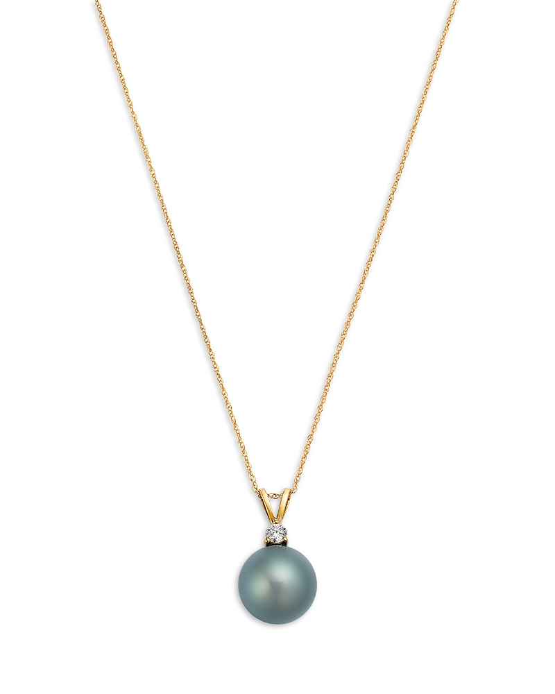 Bloomingdale's Fine Collection Lab Grown Diamond & Cultured Tahitian Black Pearl Pendant Necklace In 14k Yellow Gold, 0.12 Tcw In Black