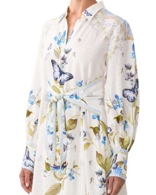 Linen Tie Waist Mixed Print Shirtdress