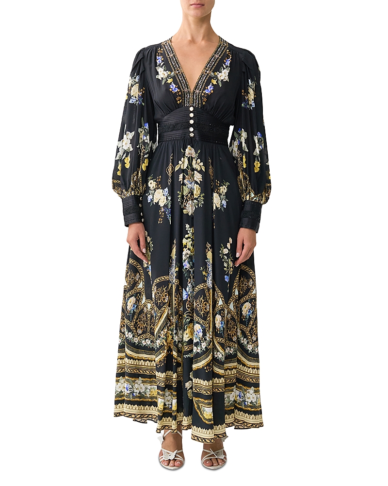 Camilla Ottoman Elegance Floral Silk Maxi Dress In Black