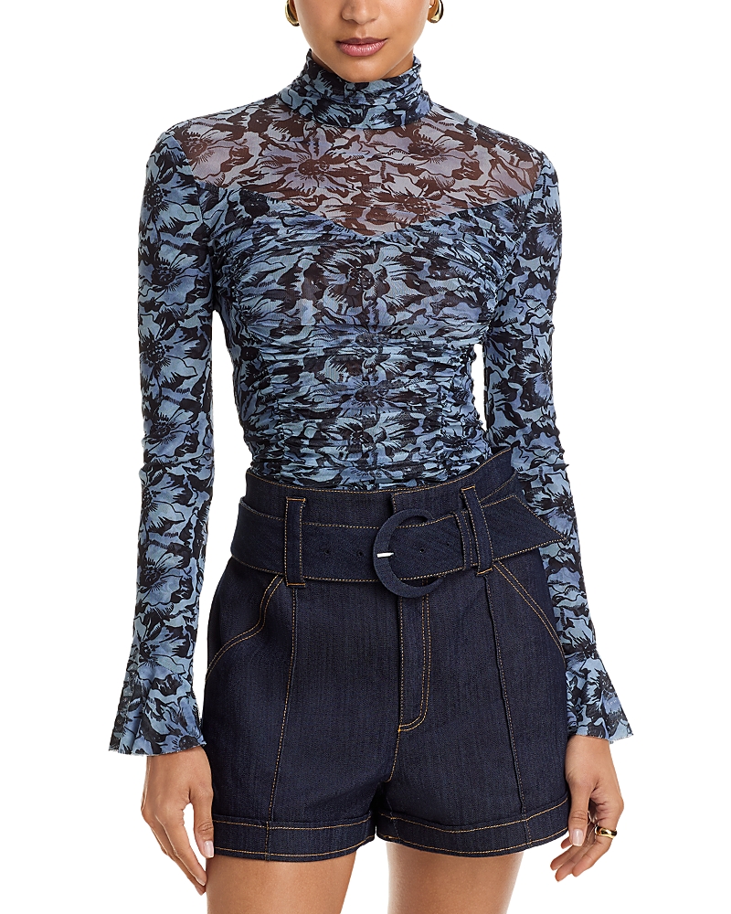 Cinq À Sept Lucy Graphic Cosmos Mock Neck Mesh Top In Blue