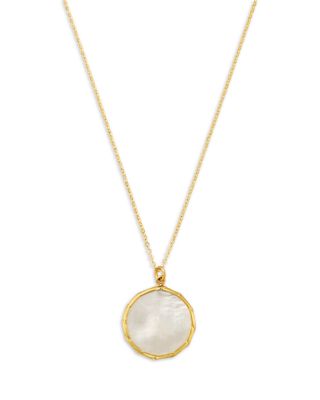 White Mother of Pearl Bezel Pendant Necklace in 14K Yellow Gold, 16-18"