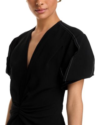 V Neck Gathered Front Midi Dress