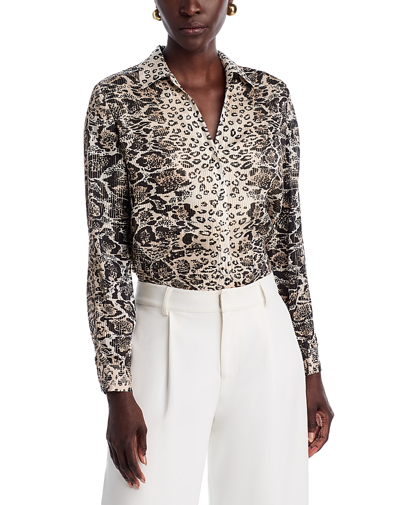Elie Tahari The Madeline Print Metallic Silk Shirt In Gray