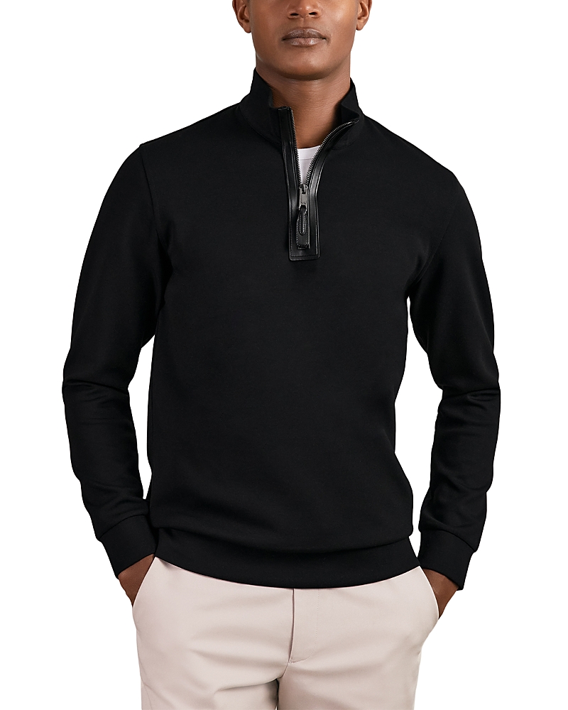Reiss Black Leather-placket Interlock Sweatshirt In Black