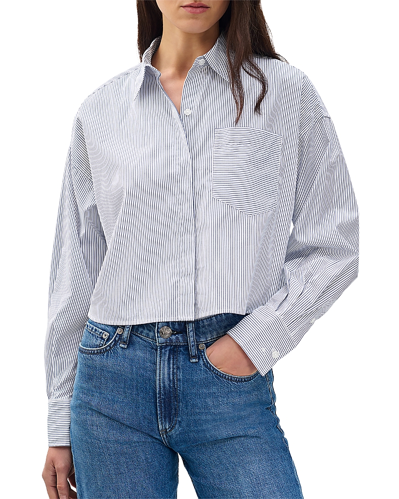 Rag & Bone Marin Stripe Crop Cotton Button-up Shirt In White