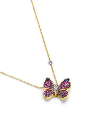 Blue Sapphire, Pink Sapphire & Diamond Butterfly Pendant Necklace in 14K Yellow Gold