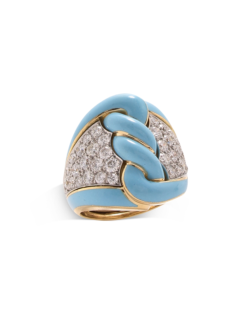 David Webb Diamond Enamel Rope Ring In 18k Yellow Gold & Platinum In Blue