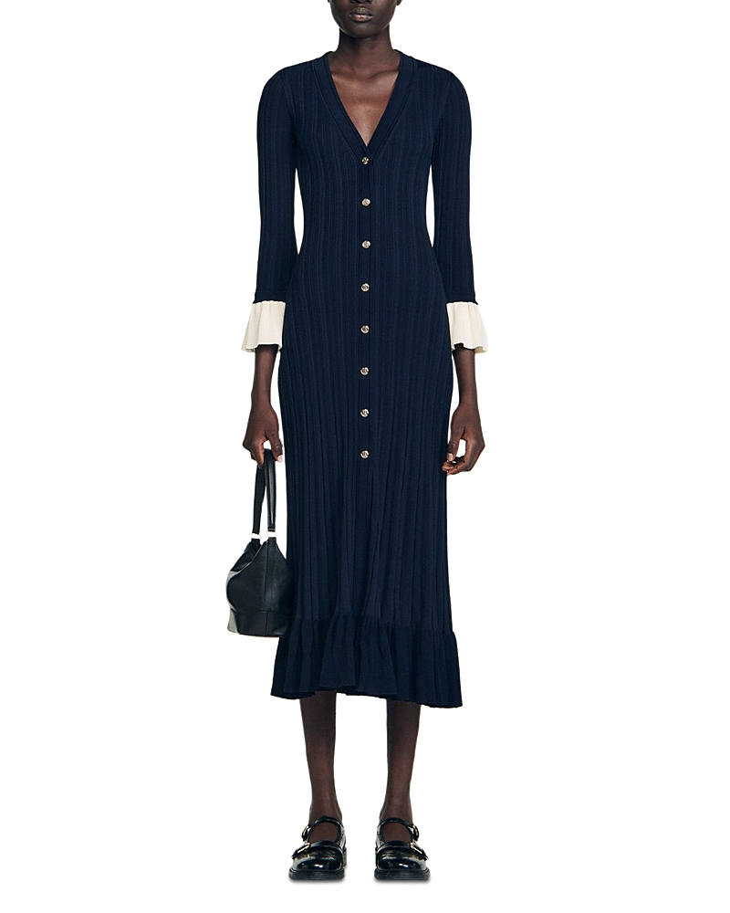 Sandro Two Tone Knit Maxi Dress In Blue