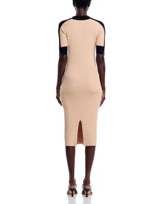 Elbow Sleeve Split V Neck Collar Rib Dress with Contrast Trim