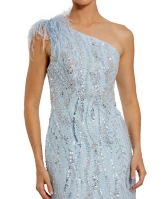  Feathered One Shoulder Embroidered Applique Gown