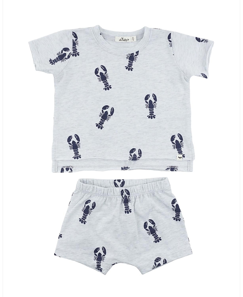 Oh Baby ! Unisex Lobsters Print Raw Edge Slub Short Set - Baby, Little Kid In White