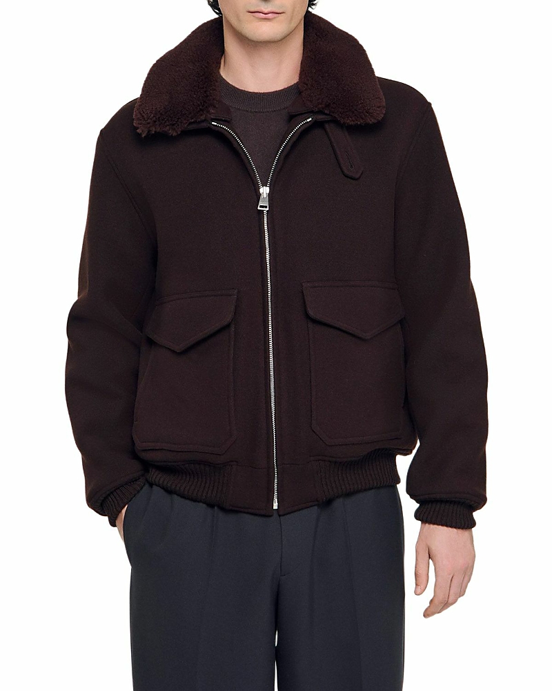 Sandro Mens Chocolate Shearling-collar Wool-blend Aviator Jacket In Brown