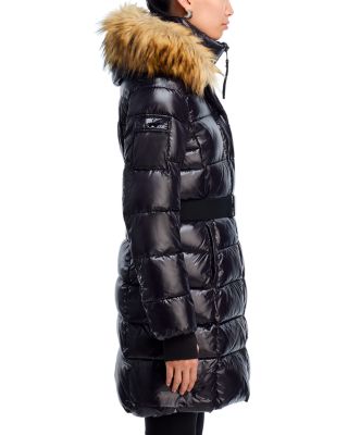 Long Belted Puffer with Faux Fur Trimmed Hood - Exclusive