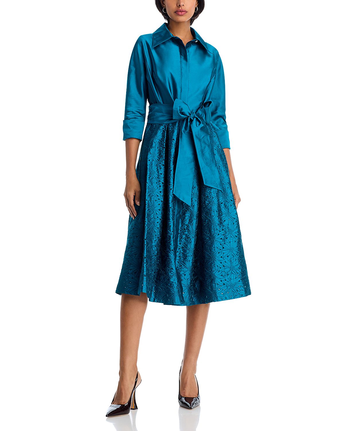 Teri Jon by Rickie Freeman Embroidered Sash Belt Shirt Dress